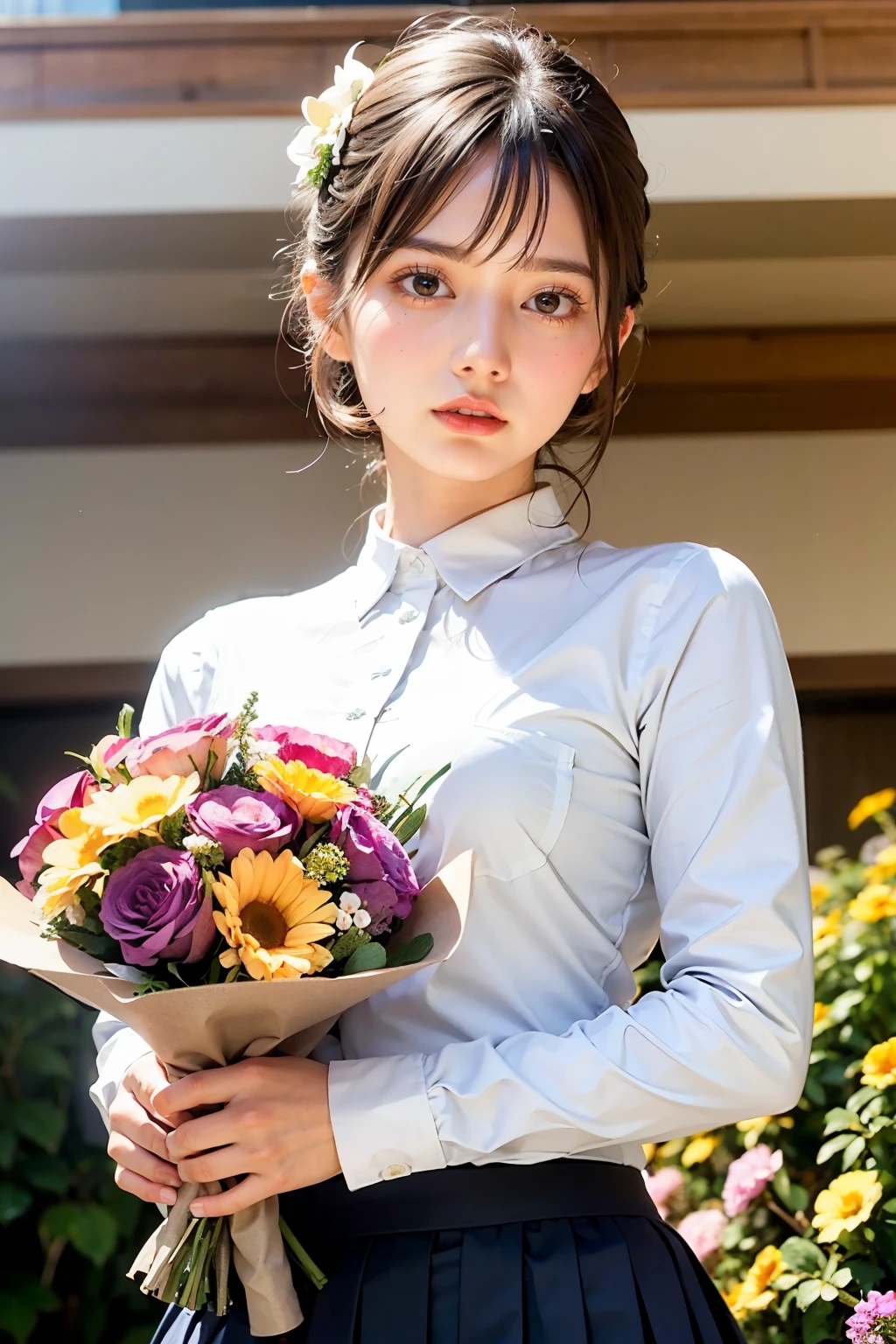 Masterpiece, bokeh, (Beautiful face), (Detailed face), (Japanese idle), (School shirt:1.3), (Pleated skirt:1.3), (Blushed face:1.3), (Plump breast:1.2), (Holding flower bouquet in flower garden:1.5), (From below:1.5), 