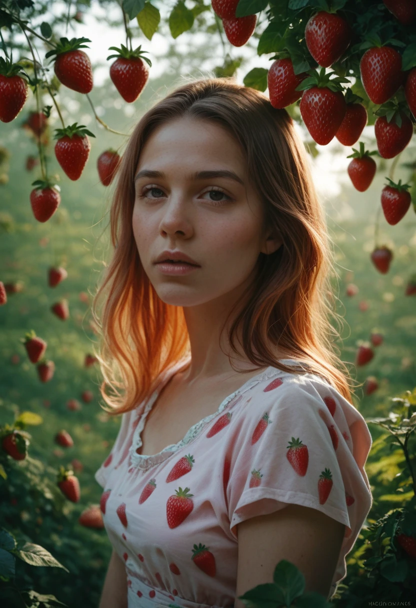 girl in a strawberry world, strawberry trees, strawberry mountains, strawberry rivers, strawberry clouds, strawberry landscape, vibrant colors, sweet pastel tones, dream-like, whimsical, magical realism, surreal, fantasy, highly detailed, cinematic lighting, photorealistic, 8k, best quality, masterpiece