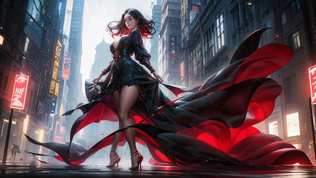 A woman with black hair is walking down the street, wearing a red dress. The scene captures her in motion, highlighting the flow of her dress and the elegance of her stride. The urban backdrop features buildings, streetlights, and a bustling atmosphere, adding depth and context to her walk.
