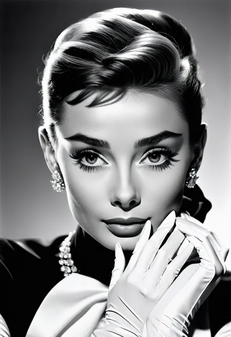 in style of ink artwork， (audrey hepburn clasped her hands in white gloves）, dramatic contrast，clear and shiny hair texture，focu...