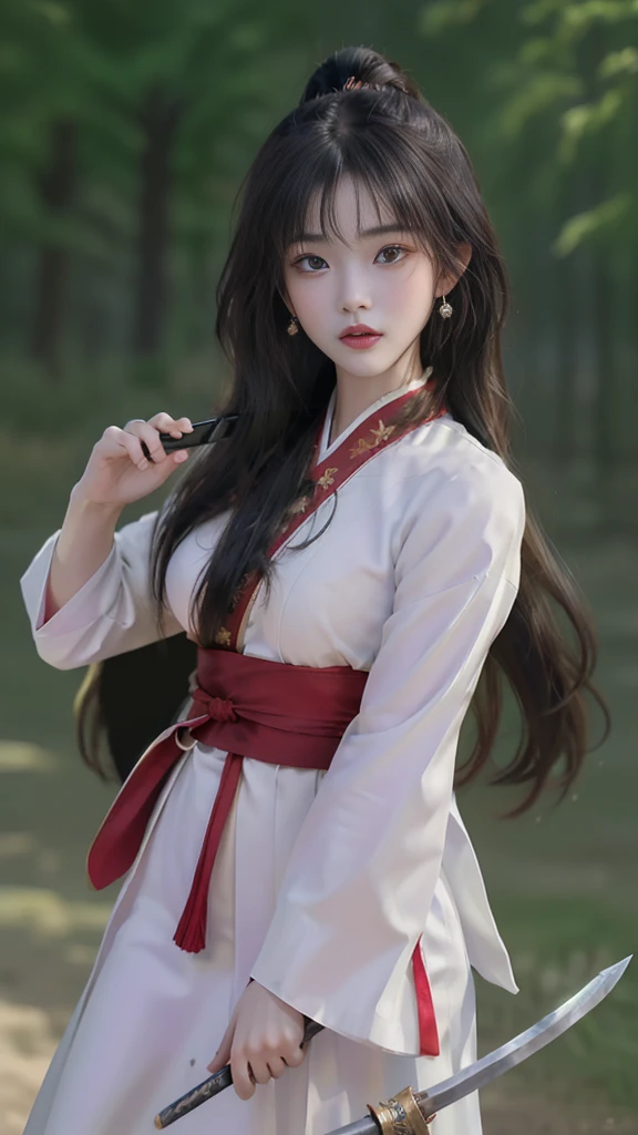 1 woman, high resolution, masterpiece, Anatomically correct, 最佳quality, detail, HD model, 高detail, 高quality, quality, Very detailed, Retina screen, Textured Skin, Ultra HD, Long hair, Black Hair, Big breasts(d), earrings, Blushing，Exquisite facial features，人体model，model，Artistic pose，Hanfu，Chinese traditional clothing，Colorful clothes，Tang Dynasty Clothing，Martial Arts服装，Tulle material，Hairpin，Holding a long sword，Martial Arts，Martial Arts文化，swordsman，Three-foot long sword，Xuan-Yuan Sword，Ancient Chinese Cold Weapons，Attack Stance