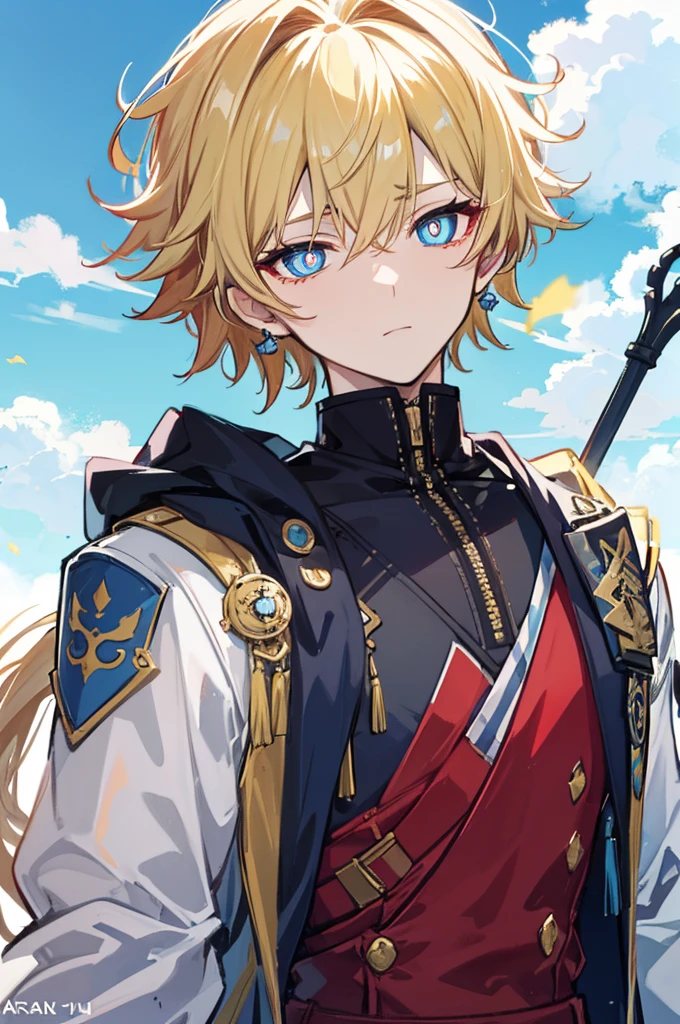 초상화, Face_through_torso, arcanepunk, 1man, Solo, royalty(prince), handsome guy, light blonde hair, benevolent_face(sky_blue_eyes(spade shaped_pupils), sharp eyes, half closed_eyes), royal suit