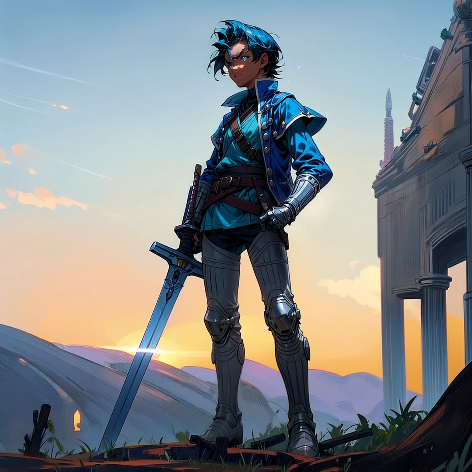 Solo character, full body version, young boy, blue eyes, blue color hair, short haircut, soldier roman clothing, boots, outdoor, town, ancient roman, twilight sky, detailed background, angry eyes, sword in hand, standing guard gesture