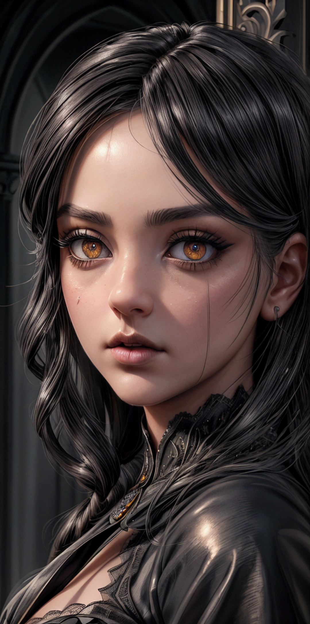 (((full face))), ((black eyes)), (Perfect illumination in high dynamic range), 4k, 8k, high resolution, masterpiece: 1.2), ultra detailed, digital painting, character portrait, highly detailed face and eyes, beautiful detailed lips, extremely detailed eyes and face, long eyelashes, cinematic lighting, dramatic lighting, epic fantasy, volumetric lighting, dark fantasy, moody lighting, dramatic composition, intricate details, cinematic angle, dark colors, warm colors