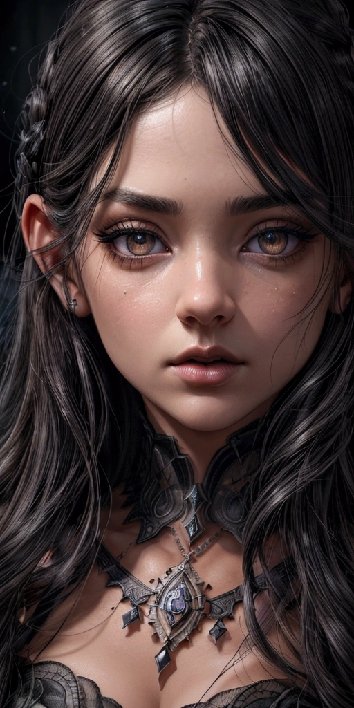 (((full face))), ((black eyes)), (Perfect illumination in high dynamic range), 4k, 8k, high resolution, masterpiece: 1.2), ultra detailed, digital painting, character portrait, highly detailed face and eyes, beautiful detailed lips, extremely detailed eyes and face, long eyelashes, cinematic lighting, dramatic lighting, epic fantasy, volumetric lighting, dark fantasy, moody lighting, dramatic composition, intricate details, cinematic angle, dark colors, warm colors