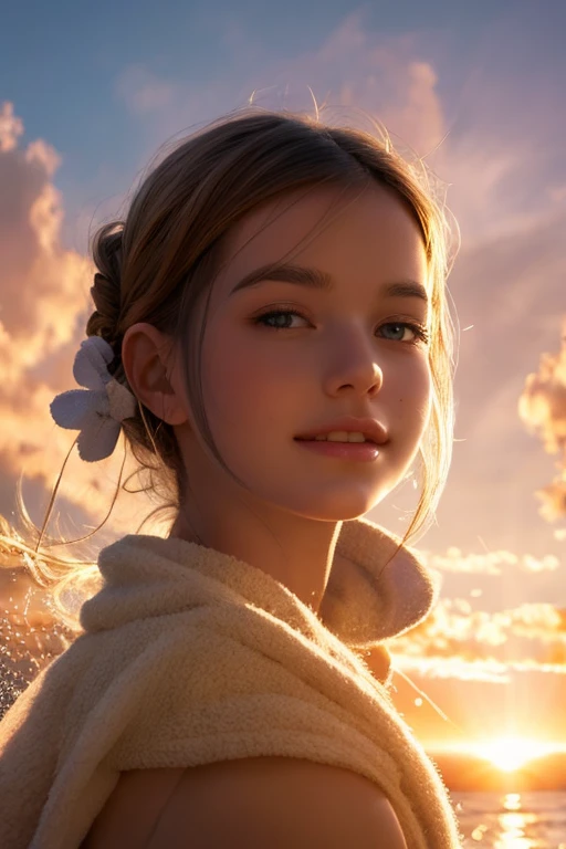 masterpiece, Best quality, movie yet, 1 girl, cloud girl, floating in the sky, Close-up, Bright, happy, warm soft lighting, sunset, (sparks:0.7)