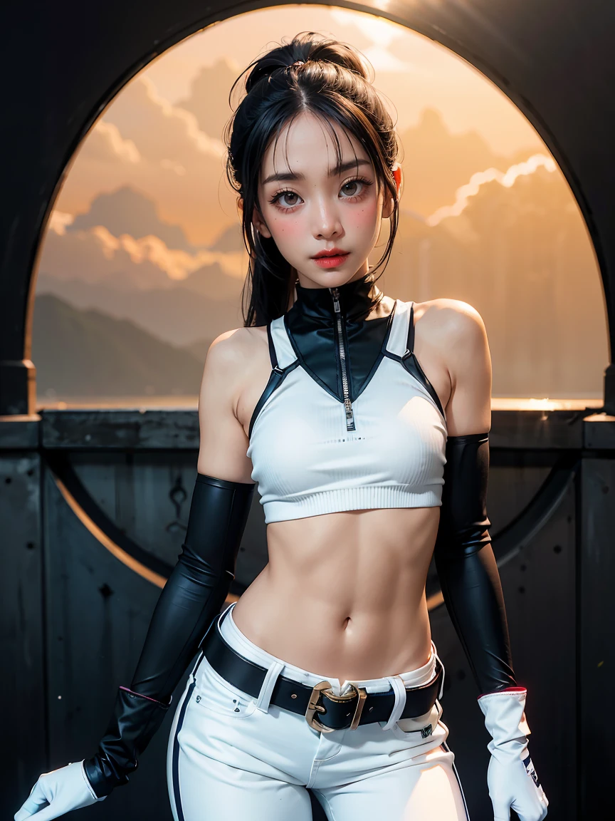 (masterpiece, best quality:1.2), 1girl, solo, Grace Howard, Grace Howard from Zenless Zone Zero, bare shoulders, black choker, black gloves, white gloves, black pants, black sports bra, elbow gloves, goggles on head, looking at viewer, low ponytail, medium breasts, midriff, navel, parted lips, white gloves, zipper, belt
