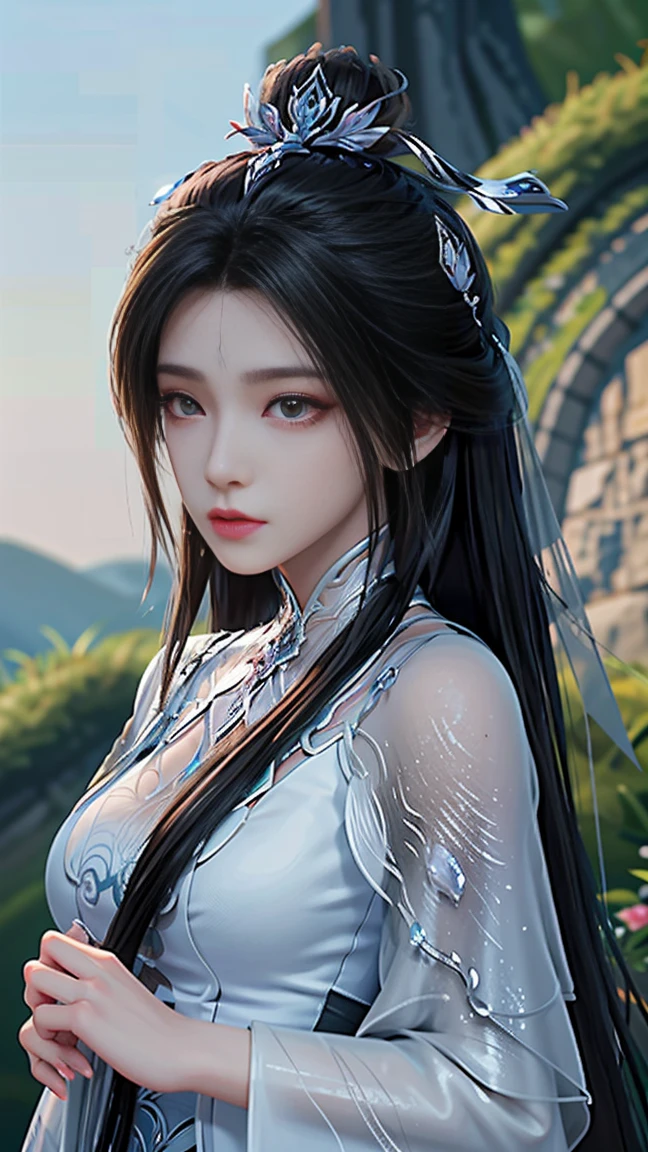 best quality, tmasterpiece,Ultra-high resolution,Clear face,（Reality：1.4），ferpect lighting，(upper body photo), (photorealistic:1.50), anime wallpaper, Guviz style artwork , cover-up fantasy to magic, by Yang J, Guviz, beautiful artwork illustration, beautiful digital artwork, beautiful digital illustration, Li Song, beautiful anime portrait, art style at Beauvot, 1girl,solo, long hair, black hair, hair ornament, Chinese dress,