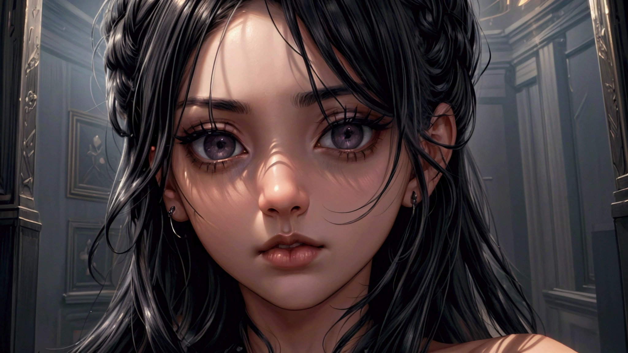 (((full face))), ((black eyes)), (Perfect illumination in high dynamic range), 4k, 8k, high resolution, masterpiece: 1.2), ultra detailed, digital painting, character portrait, highly detailed face and eyes, beautiful detailed lips, extremely detailed eyes and face, long eyelashes, cinematic lighting, dramatic lighting, epic fantasy, volumetric lighting, dark fantasy, moody lighting, dramatic composition, intricate details, cinematic angle, dark colors, warm colors