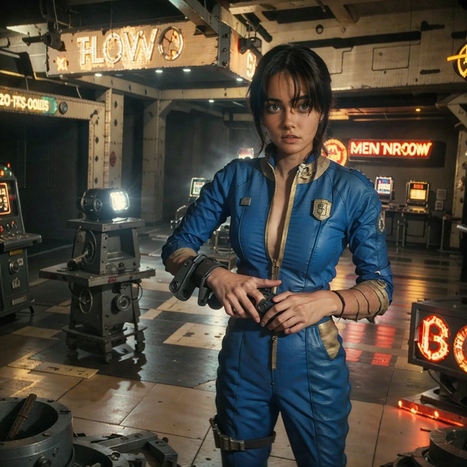 (One person). Fallout TV series. Inside a dimly lit large wreaked smoky room in a post-apocalyptic (casino) in Las Vegas. Vaultsuit Lucy, an 18-year-old vault dweller wearing a blue and gold vaultsuit unzipped top with bloodstains on the t-shirt underneath, her black hair disheveled, with a large gun in her hand, standing ready to defend herself.  Dark room with smoke and small fires in the rubble. Menacing shadows. Dramatic. Cinematic. realistic colors, realistic, photo-realistic. 