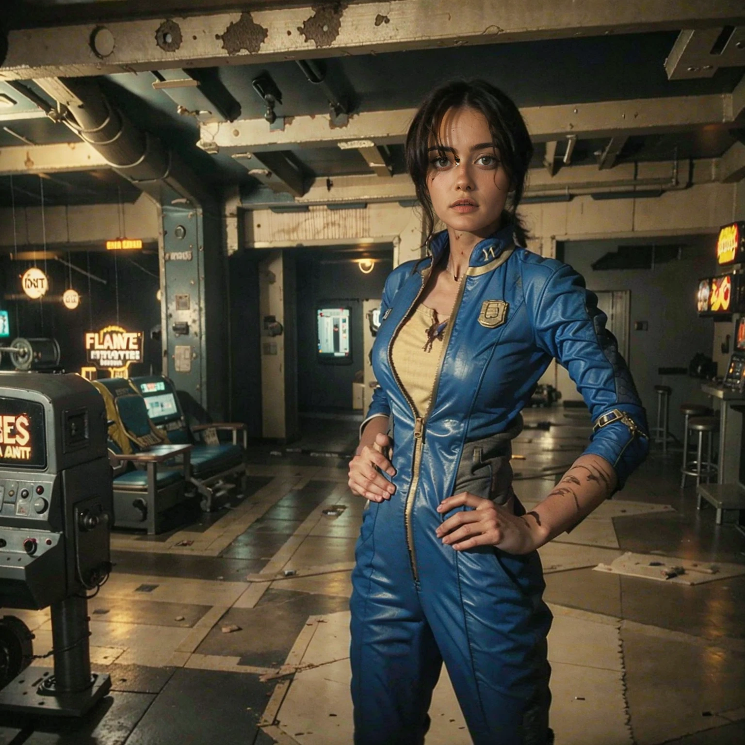 (One person). Fallout TV series. Inside a dimly lit large wreaked smoky room in a post-apocalyptic (casino) in Las Vegas. Vaultsuit Lucy, an 18-year-old vault dweller wearing a blue and gold vaultsuit unzipped top with bloodstains on the t-shirt underneath, her black hair disheveled, with a large gun in her hand, standing ready to defend herself.  Dark room with smoke and small fires in the rubble. Menacing shadows. Dramatic. Cinematic. realistic colors, realistic, photo-realistic. 