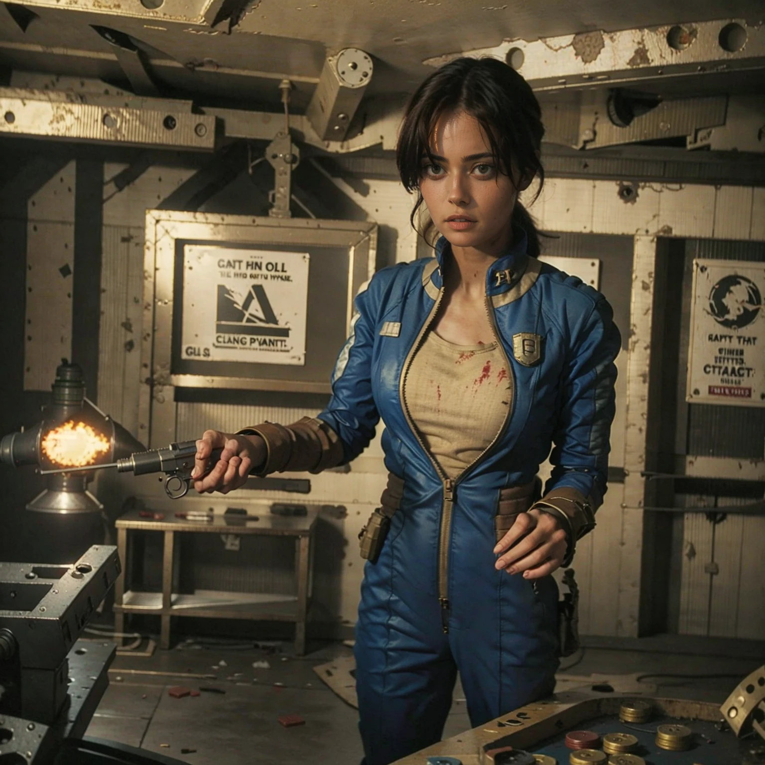 (One person). Fallout TV series. Inside a dimly lit large wreaked smoky room in a post-apocalyptic (casino) in Las Vegas. Vaultsuit Lucy, an 18-year-old vault dweller wearing a blue and gold vaultsuit unzipped top with bloodstains on the t-shirt underneath, her black hair disheveled, with a large gun in her hand, standing ready to defend herself.  Dark room with smoke and small fires in the rubble. Menacing shadows. Dramatic. Cinematic. realistic colors, realistic, photo-realistic. 