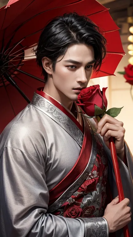 1boy, super handsome, black hair, biting a red rose on his mouth, hanfu style with silver armour holding a red rose, smelling a ...