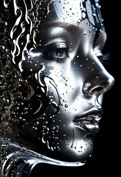 mesmerizing close-up portrait of female face, a unique dichotomy. the left side is smooth, liquid metal machinery, drips and flo...