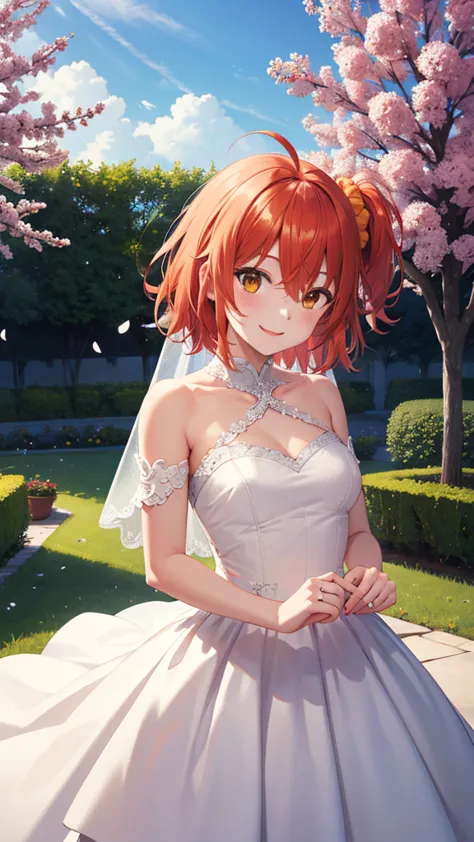 masterpiece, best quality, highres, aaritsuka, short hair, ahoge, hair scrunchie, orange scrunchie, smile, city, garden, wedding...