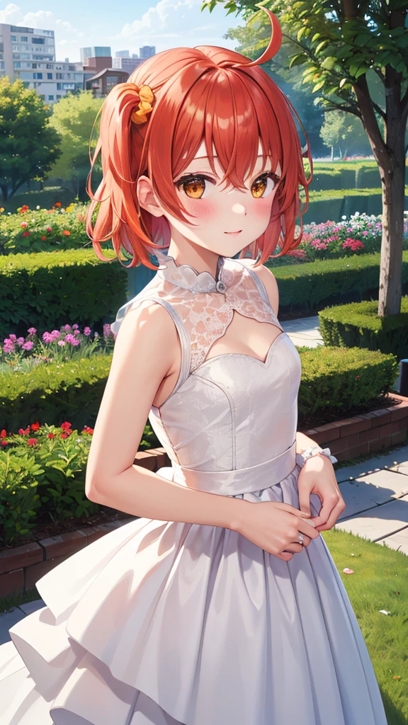 masterpiece, best quality, highres, aaritsuka, short hair, ahoge, hair scrunchie, orange scrunchie, blush, city, garden, wedding dress