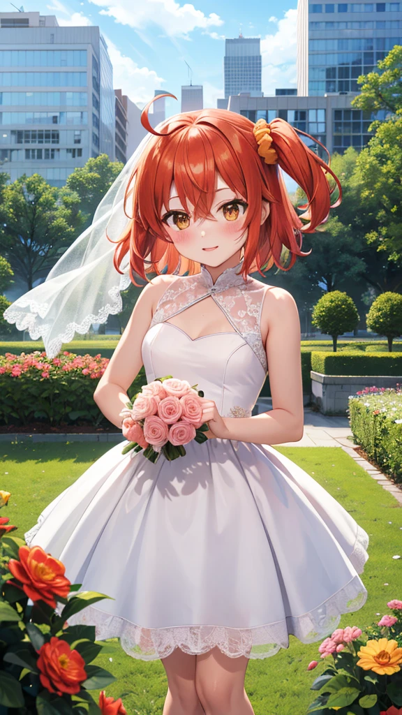 masterpiece, best quality, highres, aaritsuka, short hair, ahoge, hair scrunchie, orange scrunchie, blush, city, garden, wedding dress