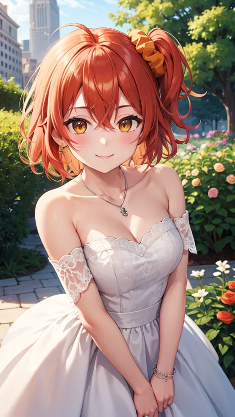 masterpiece, best quality, highres, aaritsuka, short hair, ahoge, hair scrunchie, orange scrunchie, smile, city, garden, wedding...