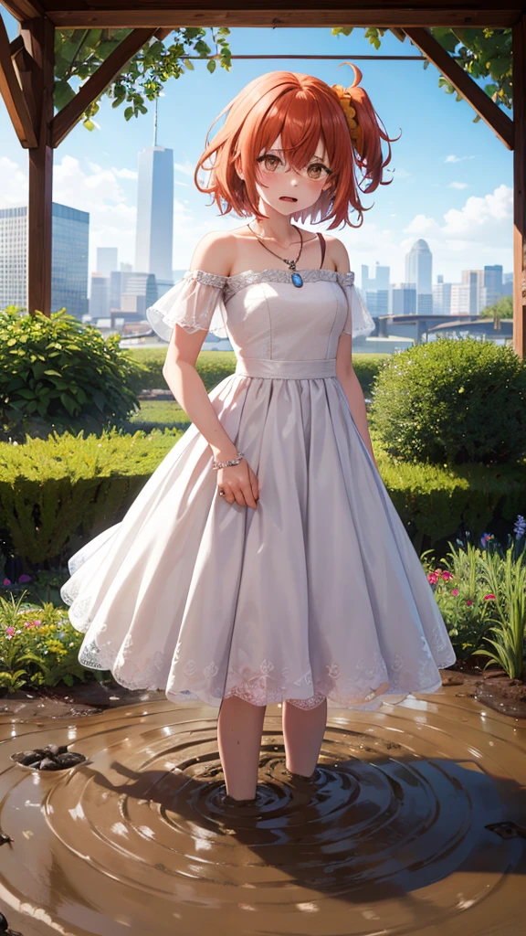 masterpiece, best quality, highres, aaritsuka, short hair, ahoge, hair scrunchie, orange scrunchie, city, garden, wedding dress, off the shoulder, collarbone, necklace, jewelry, (sinking in mud), (tears in her eyes), standing