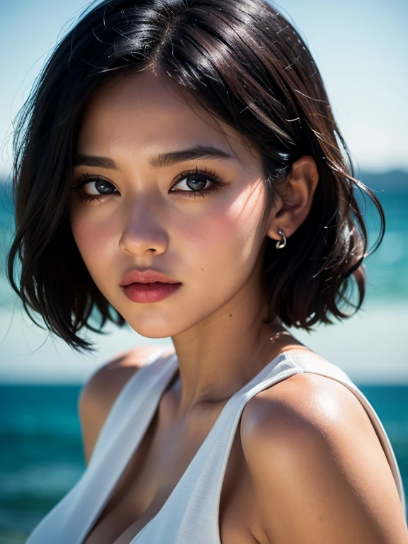 (award winning, 8k, super detailed, high resolution, best quality, photography, portrait), 1girl, solo, beautiful girl, beautiful eyes, detailed eyes, black eye, white dress, short hair, black hair ocean background.