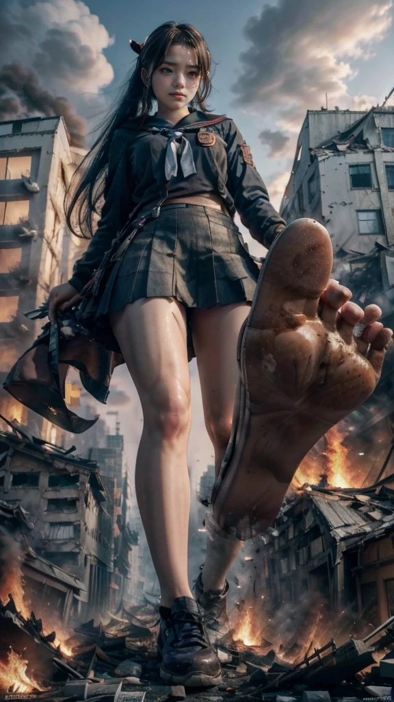 (Giantess elements, high resolution, high quality, accurate body structure, detailed body), Japanese high school girl, sailor uniform, towering giant girl, looking up at approaching woman from below, giant attacks city, cute, girl destroying small town, destroying small town, mischievous expression, Japanese language, white skin, smile, trampling buildings, rubble, burning small town, destroyed small building, collapsed highway, car being crushed, evacuation of residents, sunset, burning small town, please, walk, trample, anatomically correct, accurate human body, accurate skeleton, full body portrait, blue eyes, rubble scattered at feet, taller than skyscrapers, big impact, amazing, giantess elements, drawing women big, increasing destructive elements, making city smaller, rampaging, city, building,