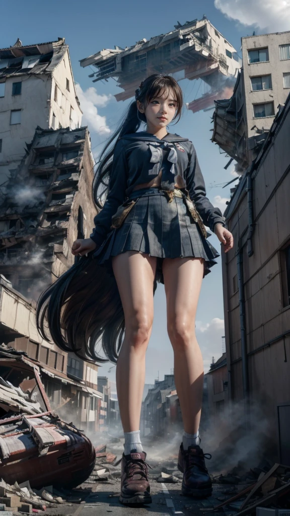 (Giantess elements, high resolution, high quality, accurate body structure, detailed body), Japanese high school girl, sailor uniform, towering giant girl, looking up at approaching woman from below, giant attacks city, cute, girl destroying small town, destroying small town, mischievous expression, Japanese language, white skin, smile, trampling buildings, rubble, burning small town, destroyed small building, collapsed highway, car being crushed, evacuation of residents, sunset, burning small town, please, walk, trample, anatomically correct, accurate human body, accurate skeleton, full body portrait, blue eyes, rubble scattered at feet, taller than skyscrapers, big impact, amazing, giantess elements, drawing women big, increasing destructive elements, making city smaller, rampaging, city, building,