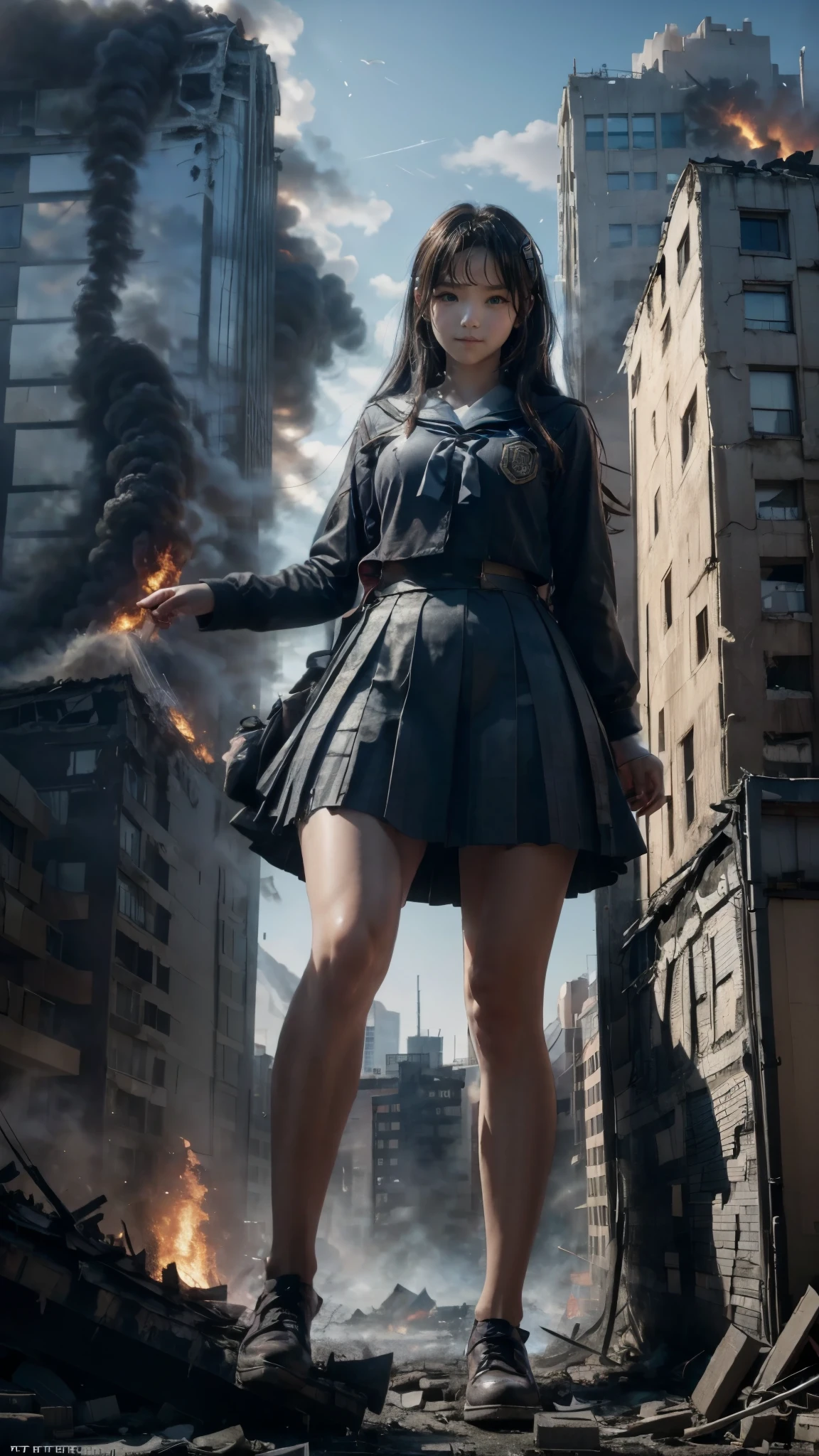 (Giantess elements, high resolution, high quality, accurate body structure, detailed body), Japanese high school girl, sailor uniform, towering giant girl, looking up at approaching woman from below, giant attacks city, cute, girl destroying small town, destroying small town, mischievous expression, Japanese language, white skin, smile, trampling buildings, rubble, burning small town, destroyed small building, collapsed highway, car being crushed, evacuation of residents, sunset, burning small town, please, walk, trample, anatomically correct, accurate human body, accurate skeleton, full body portrait, blue eyes, rubble scattered at feet, taller than skyscrapers, big impact, amazing, giantess elements, drawing women big, increasing destructive elements, making city smaller, rampaging, city, building,