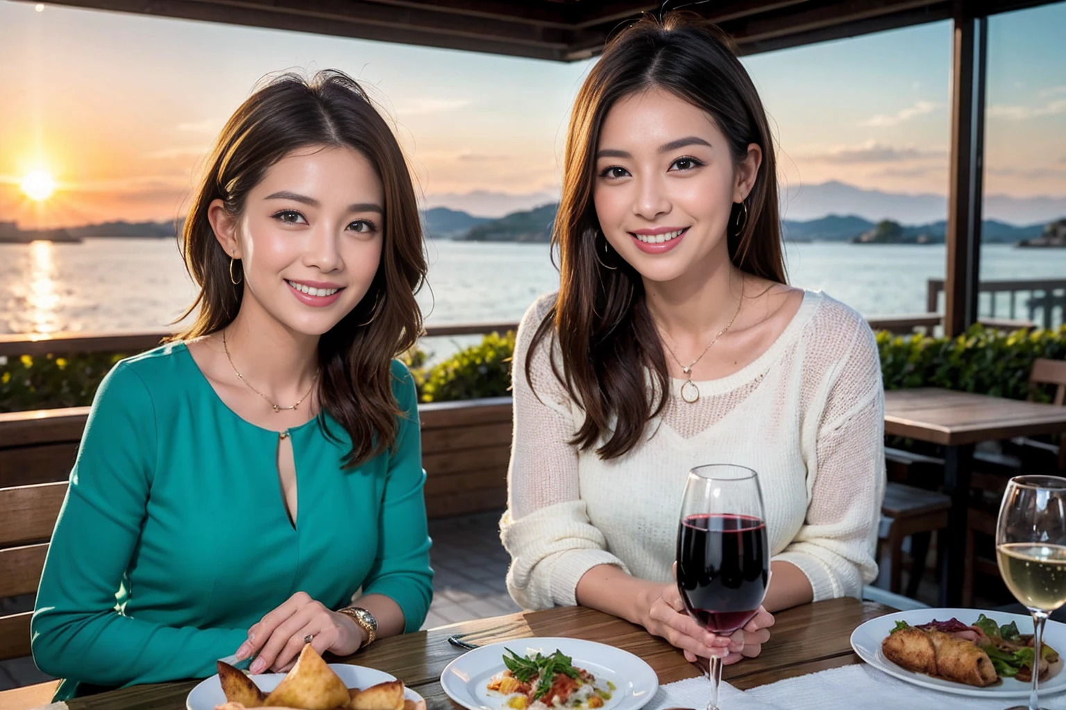 ((Highest quality、8k、masterpiece:1.3))、Slim Couple、Model Couple、(Realistic, Intricate details:1.2), full-course dinner、wine 、Amazing view of the sunset sky and clouds、A bright smile、The wonderfulness of smiles、Bright image、wineの美しさ, Beautiful Face, blue eyes, The light shines on your face, blush, short hair,Bright Face、 (Age 35), 38 years old, 赤wine 、Appetizers、Italian food、wine bottle、Champagne、スパークリングwine、Two beauties、Brown Hair、Shortcuts、Long sleeve shirt、dress、Two beautiful women