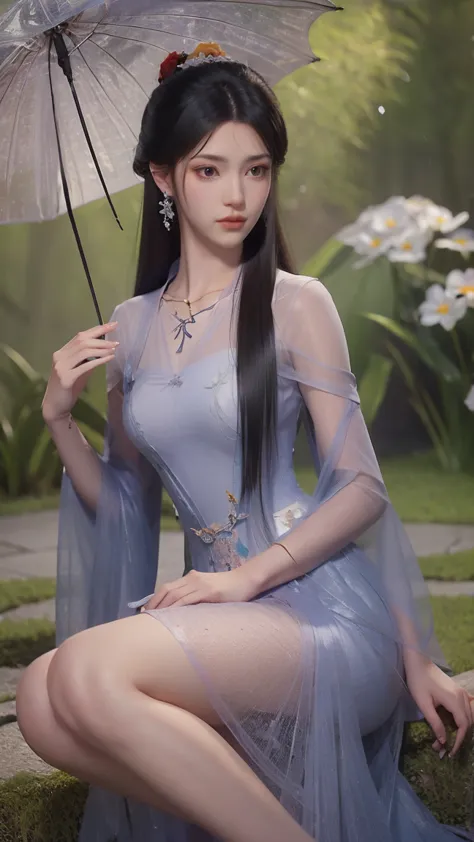 see through、ren hao、show your shoulders、one hand resting on his lips、there are white butterfly orchids around the hair，lilac den...