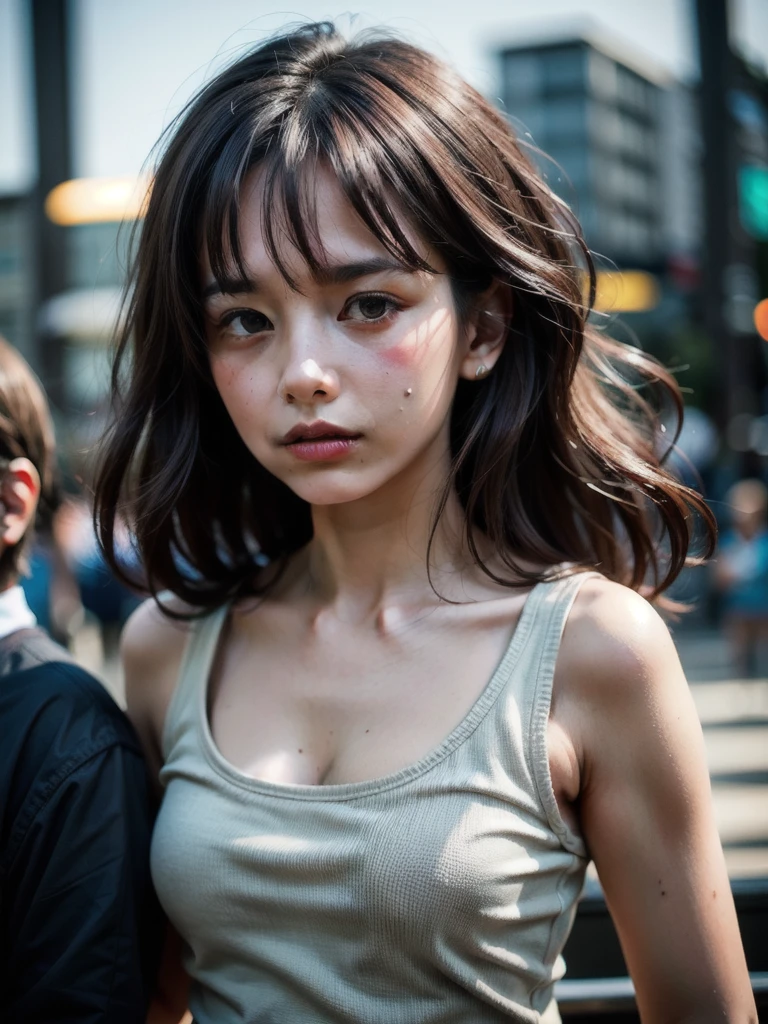 (Full shot:1.3), (best quality:1.4), 1girl, JAV, cute face, pink lace tanktop with long skirt, surrounded by very close crowded, emotional posing in the crowd lift, wavy hair, bangs, (hair blowing in the wind:1.2), (dramatic moment:1.3), (dynamic object:1.3), (kinetic motion:1.2), film looks, RAW photo, beauty shadow, neon light, (ambient lighting:1.3), detailed skin, detailed face and eyes, ultra highly detailed, surreal view, sharp focus, shot by zenit analog film, cinematic portrait by annie leibovitz, aesthetic photography in 2024, (candid:1.5)