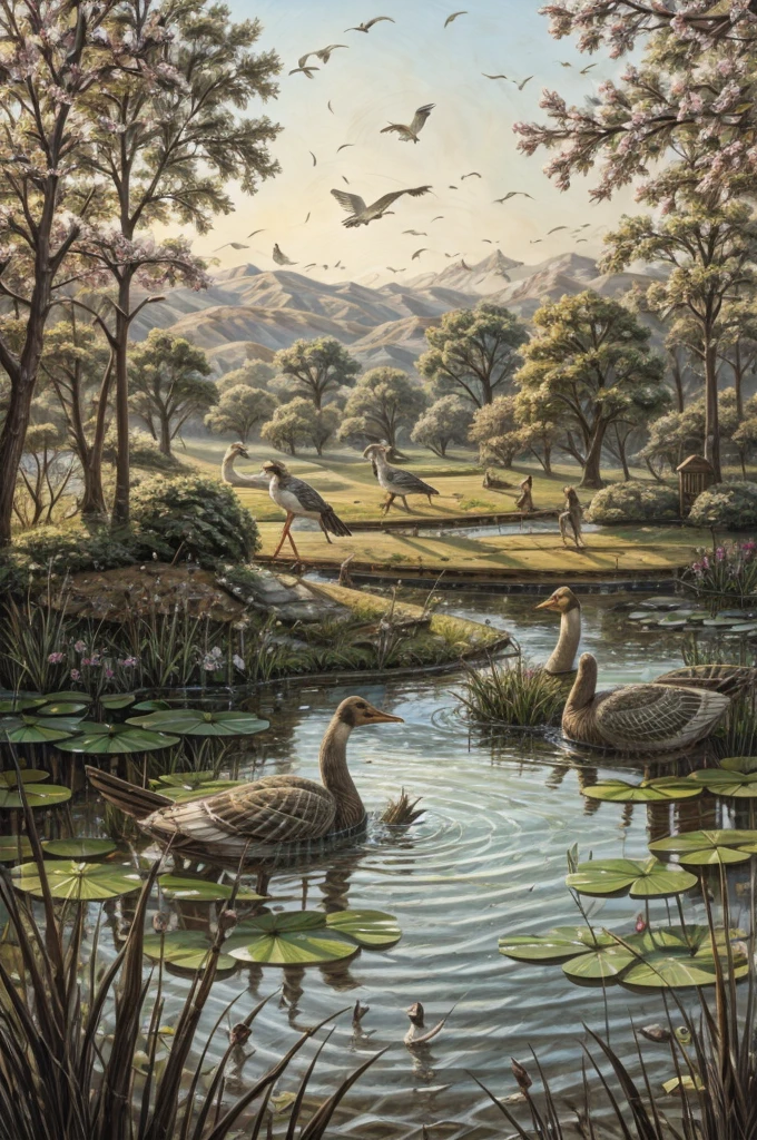 Geese and herons in the pond