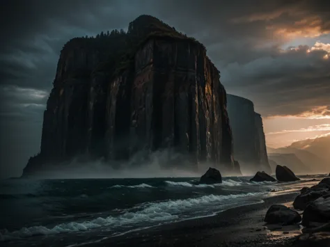 a dramatic cliff with 1000 intricate dents, dark horror atmosphere, dramatic lighting, moody colors, highly detailed, photoreali...