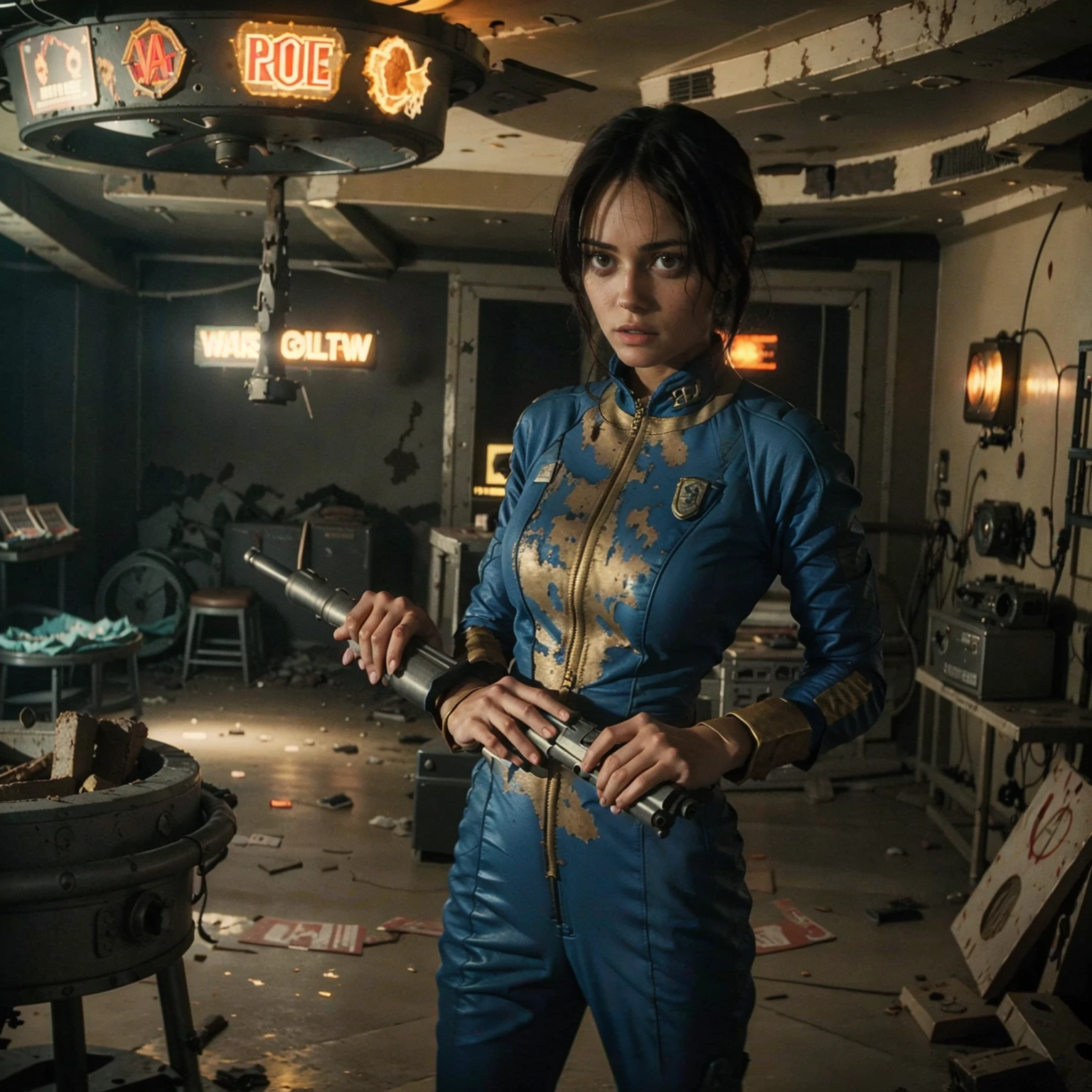 (One person). Fallout TV series. Inside a dimly lit large wreaked smoky room in a post-apocalyptic (casino) in Las Vegas. Vaultsuit Lucy, a 25 year-old vault dweller wearing a blue and gold vaultsuit unzipped top with bloodstains on the t-shirt underneath, her black hair disheveled, with a large ((gun)) in her hand, standing ready to defend herself.  Dark room with smoke and small fires in the rubble. Menacing shadows. Dramatic. Cinematic. realistic colors, realistic, photo-realistic. 