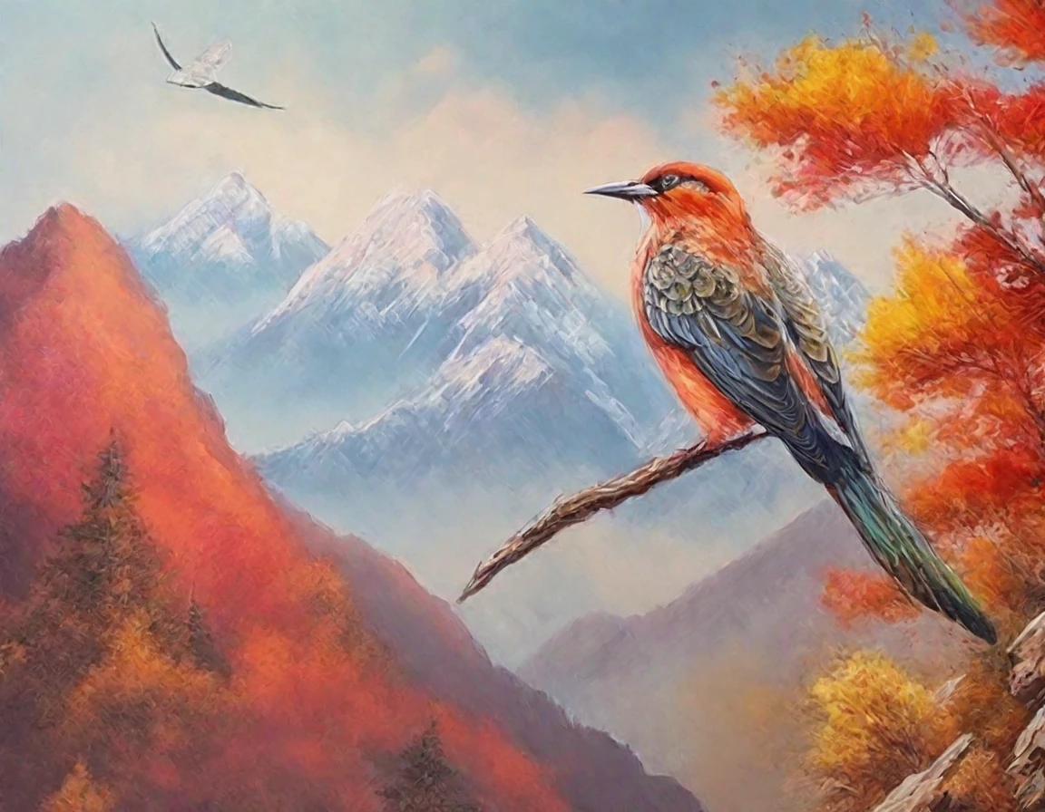 There are a few birds flying on the mountain, Mountains in autumn, hills and mountains, Mountain View, Mountains in the background, Cross the mountains, Distant Mountains, Mountains in the background, Colorful landscape paintings, Behind it is the mountains, Mountains in the background, nature, tall mountains in the horizon, landscape illustration, Red mountains landscape