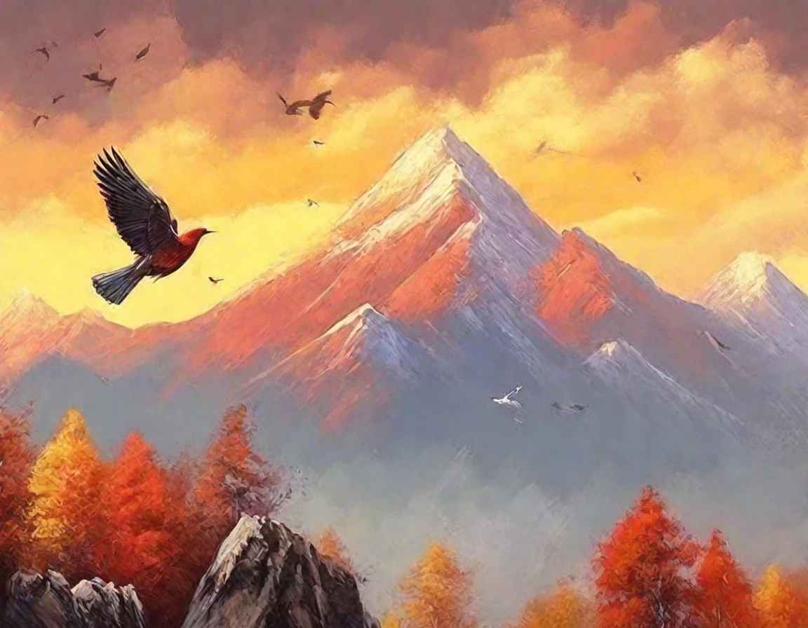 There are a few birds flying on the mountain, Mountains in autumn, hills and mountains, Mountain View, Mountains in the background, Cross the mountains, Distant Mountains, Mountains in the background, Colorful landscape paintings, Behind it is the mountains, Mountains in the background, nature, tall mountains in the horizon, landscape illustration, Red mountains landscape