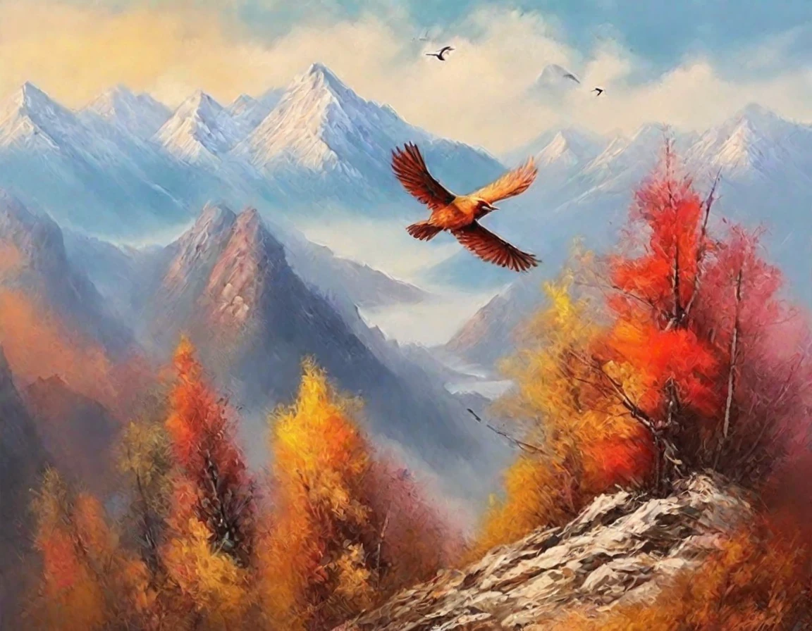 There are a few birds flying on the mountain, Mountains in autumn, hills and mountains, Mountain View, Mountains in the background, Cross the mountains, Distant Mountains, Mountains in the background, Colorful landscape paintings, Behind it is the mountains, Mountains in the background, nature, tall mountains in the horizon, landscape illustration, Red mountains landscape