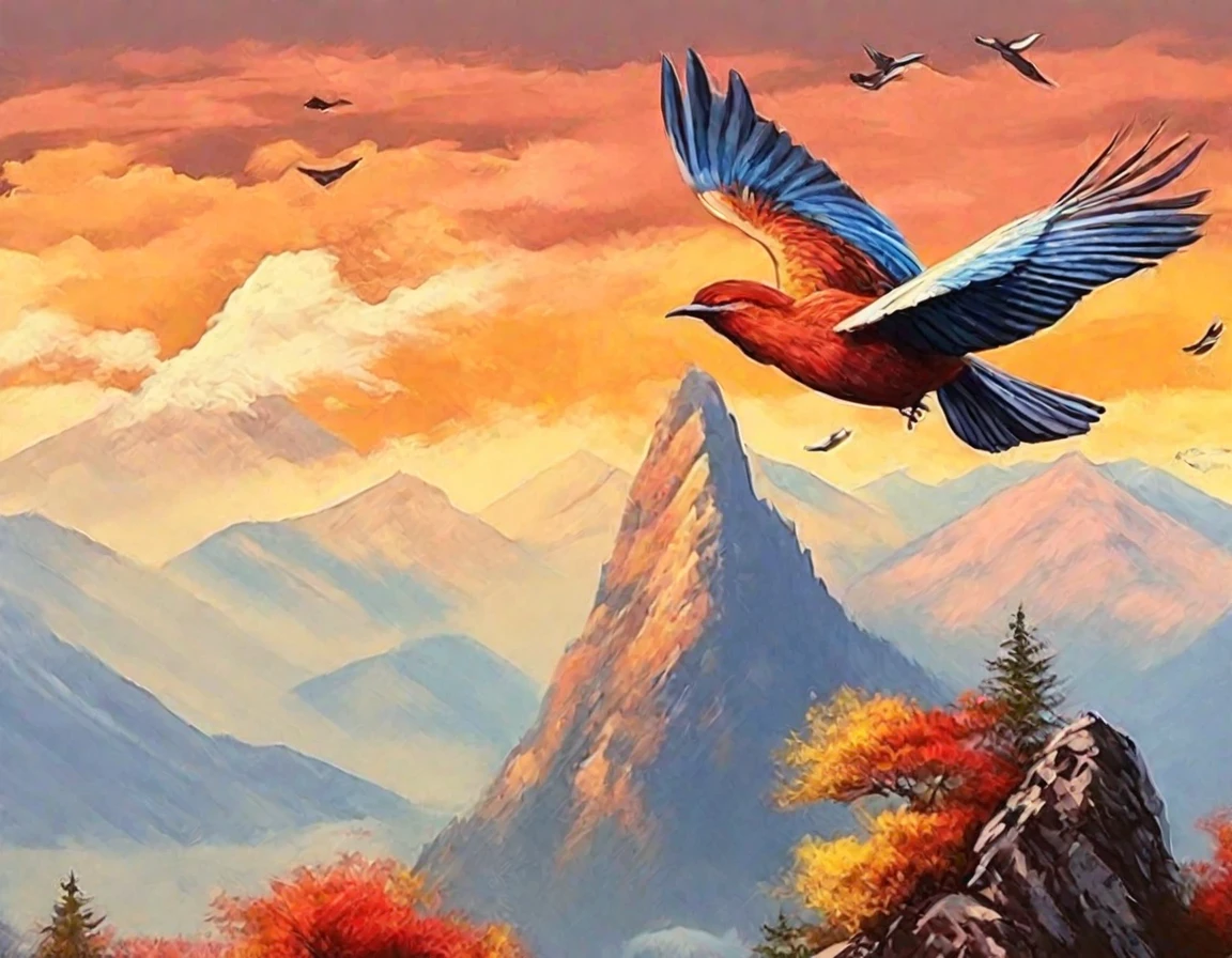 There are a few birds flying on the mountain, Mountains in autumn, hills and mountains, Mountain View, Mountains in the background, Cross the mountains, Distant Mountains, Mountains in the background, Colorful landscape paintings, Behind it is the mountains, Mountains in the background, nature, tall mountains in the horizon, landscape illustration, Red mountains landscape