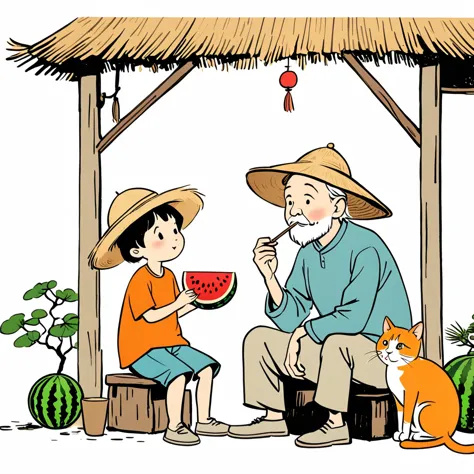 an old man wearing a straw hat sits under a thatched hut eating watermelon,and next to an orange cat sits beside him. features o...