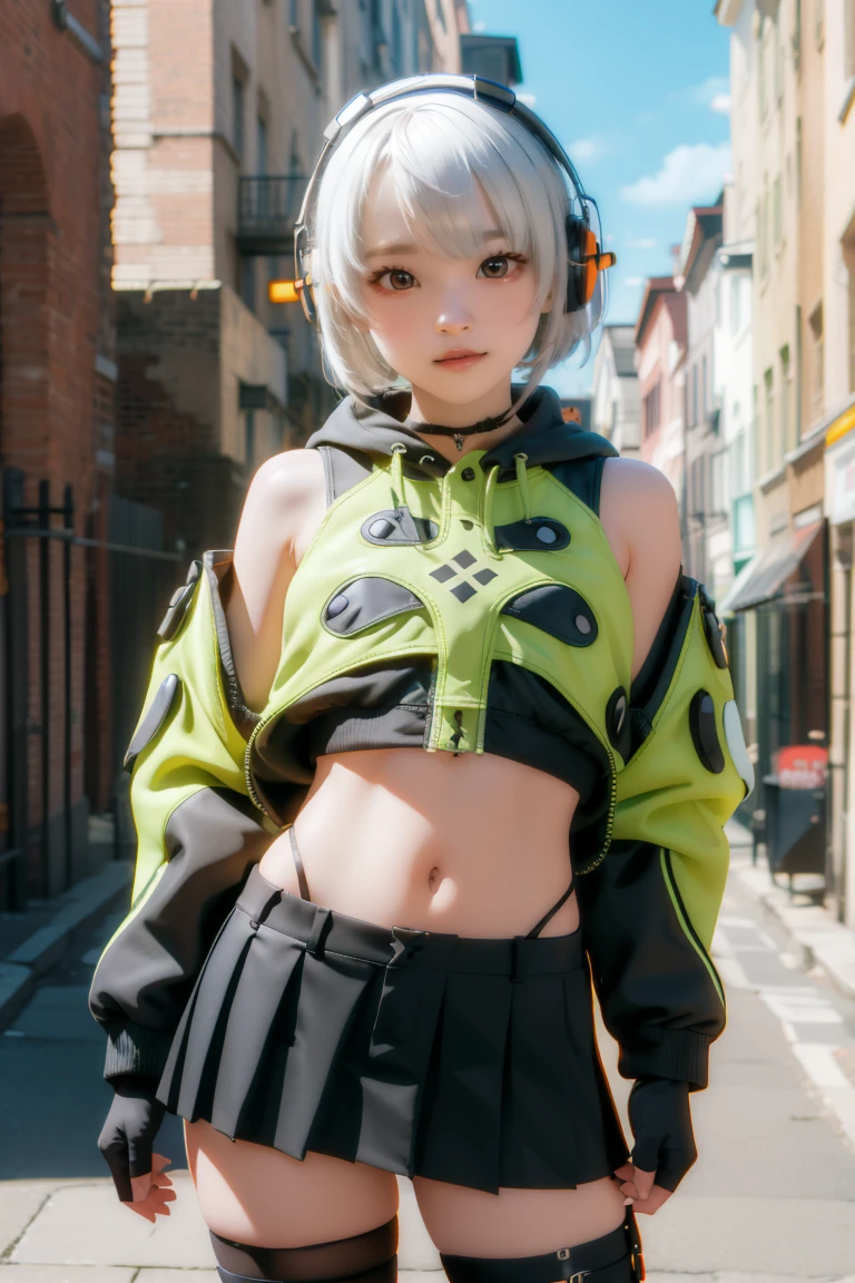 anbydemara, anby demara, (orange eyes:1.5), short hair, white hair,
BREAK bare shoulders, black gloves, black skirt, black thighhighs, fingerless gloves, gloves, green jacket, headphones, jacket, navel, skirt, stomach, thighhighs,
BREAK outdoors, city, sky, clouds, sun, buildings, crowd, people, alley,
BREAK looking at viewer, (cowboy shot:1.5),
BREAK (masterpiece:1.2), best quality, high resolution, unity 8k wallpaper, (illustration:0.8), (beautiful detailed eyes:1.6), extremely detailed face, perfect lighting, extremely detailed CG, (perfect hands, perfect anatomy),