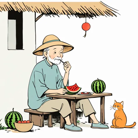 an old man wearing a straw hat sits under a thatched hut eating watermelon,and next to an orange cat sits beside him. features o...