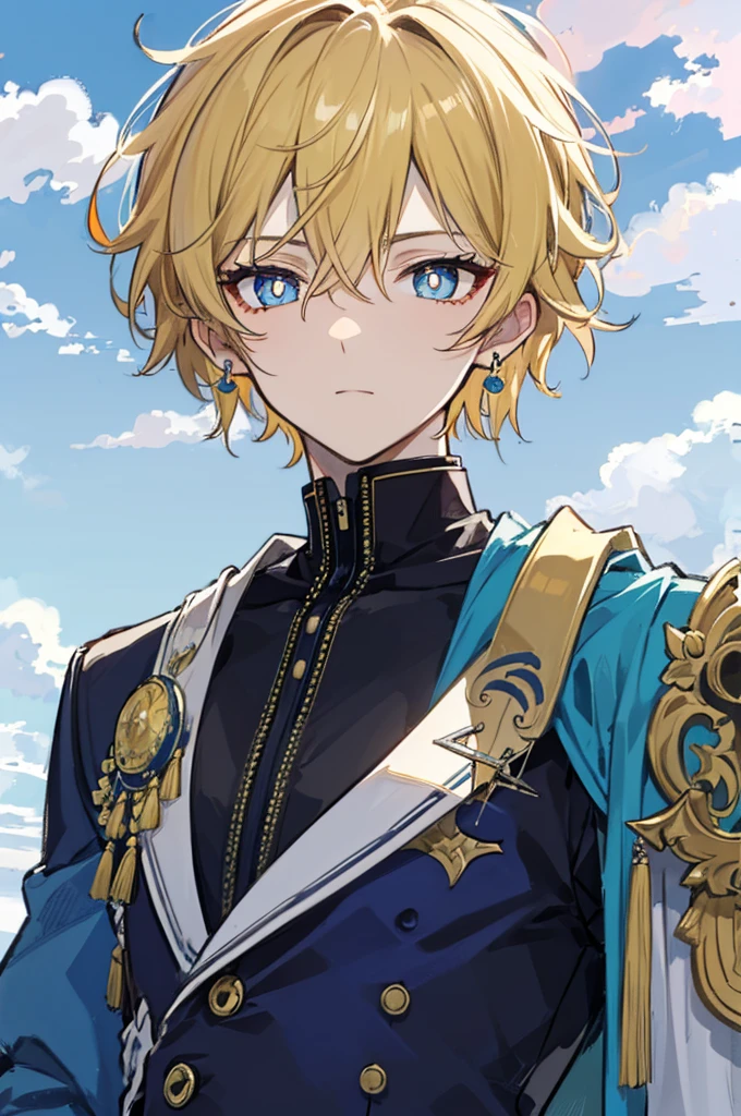 초상화, Face_through_torso, arcanepunk, 1man, Solo, royalty(prince), handsome guy, light blonde hair, benevolent_face(sky_blue_eyes(spade shaped_pupils), sharp eyes, half closed_eyes), royal suit