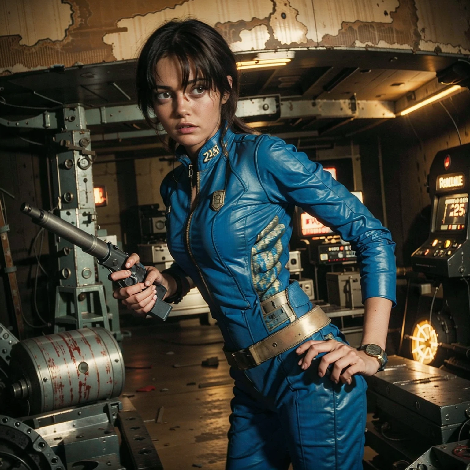 (One person). Fallout TV series. Inside a dimly lit large wreaked smoky room in a post-apocalyptic (casino) in Las Vegas. Vaultsuit Lucy, a 25 year-old vault dweller wearing a blue and gold vaultsuit unzipped top with bloodstains on the t-shirt underneath, her black hair disheveled, with a large ((gun)) in her hand, standing ready to defend herself.  Dark room with smoke and small fires in the rubble. Menacing shadows. Dramatic. Cinematic. realistic colors, realistic, photo-realistic. 