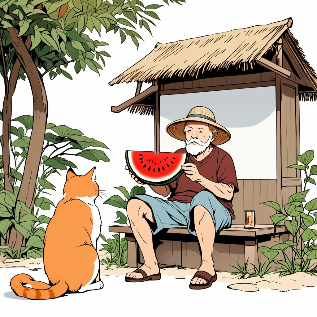 An old man wearing a straw hat sits under a thatched hut eating watermelon,and next to an orange cat sits beside him. Features of the comic style,rough drawing,colorful cartoon illustrations. Simple lines,flat coloring,and Chinese-style cartoon characters (mainly white background:2),(large blank area),,Simple background,(Large area of blank）