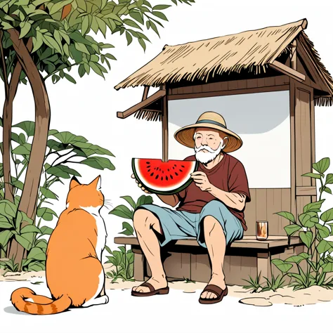 an old man wearing a straw hat sits under a thatched hut eating watermelon,and next to an orange cat sits beside him. features o...