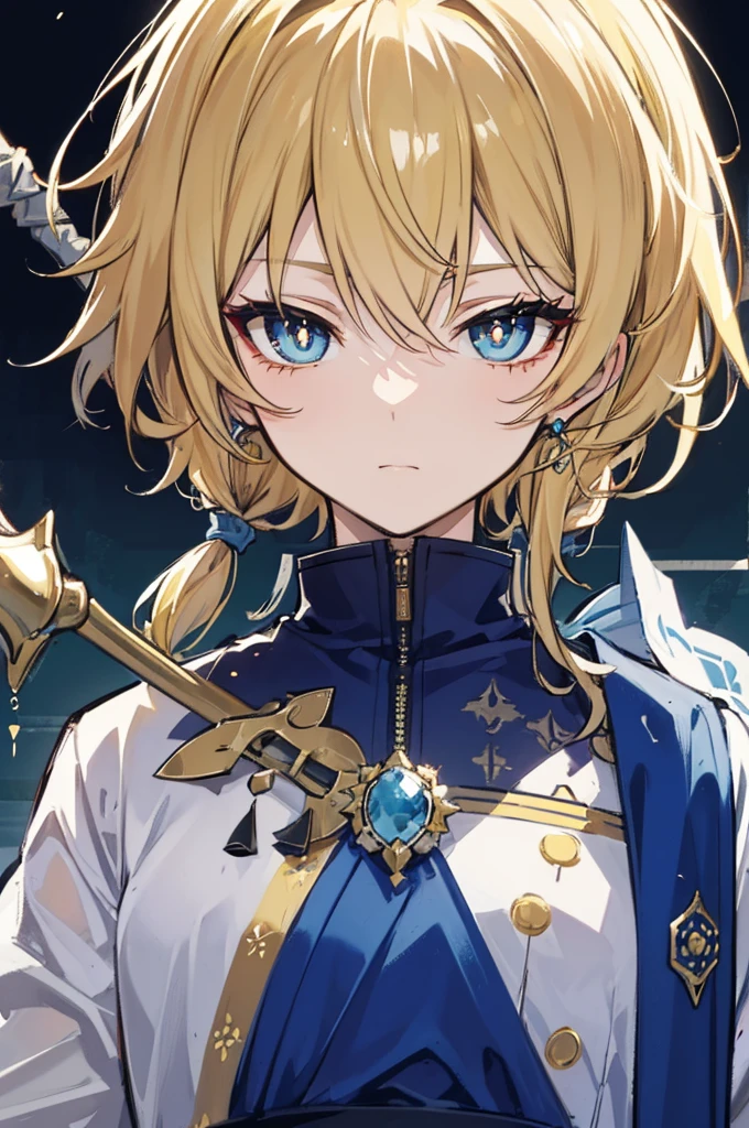 초상화, Face_through_torso, arcanepunk, 1man, Solo, royalty(prince), light blonde hair, benevolent_face(sky_blue_eyes(spade shaped_pupils), sharp eyes, half closed_eyes), royal suit