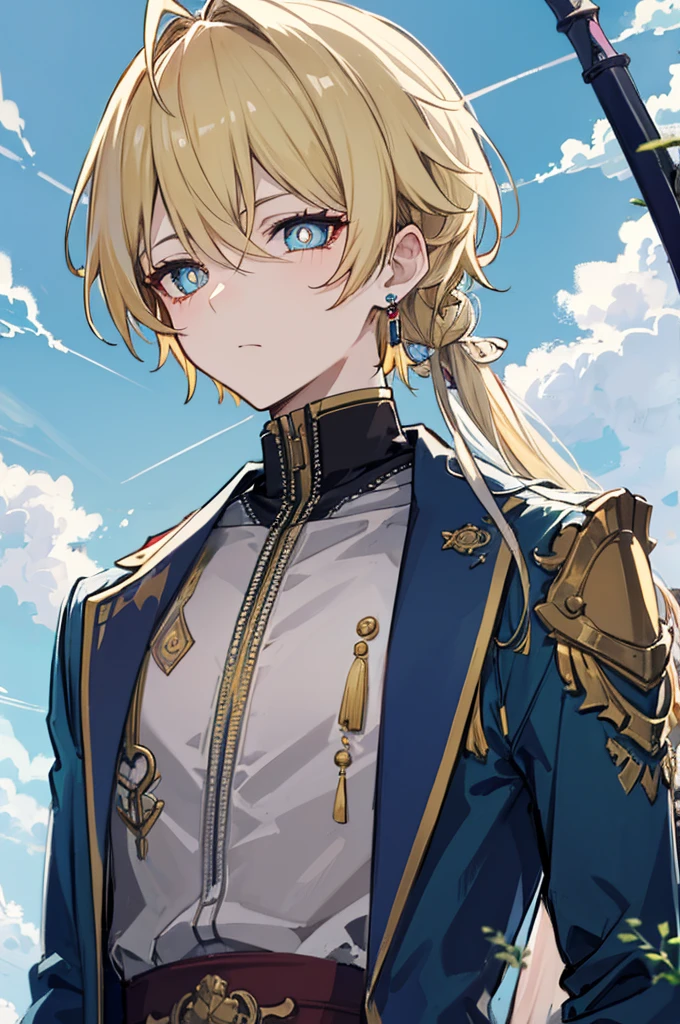 초상화, Face_through_torso, arcanepunk, 1man, Solo, royalty(prince), light blonde hair, benevolent_face(sky_blue_eyes(spade shaped_pupils), sharp eyes, half closed_eyes), royal suit