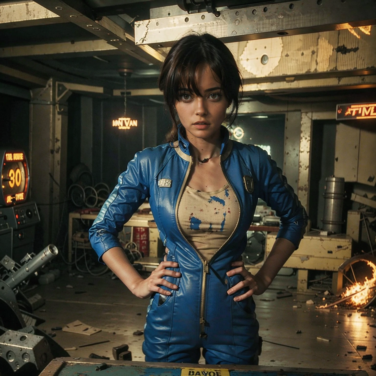 (One person). Fallout TV series. Inside a dimly lit large wreaked smoky room in a post-apocalyptic (casino) in Las Vegas. Vaultsuit Lucy, a 25 year-old vault dweller wearing a blue and gold vaultsuit unzipped top with bloodstains on the t-shirt underneath, her black hair disheveled, with a large ((gun)) in her hand, standing ready to defend herself.  Dark room with smoke and small fires in the rubble. Menacing shadows. Dramatic. Cinematic. realistic colors, realistic, photo-realistic. 