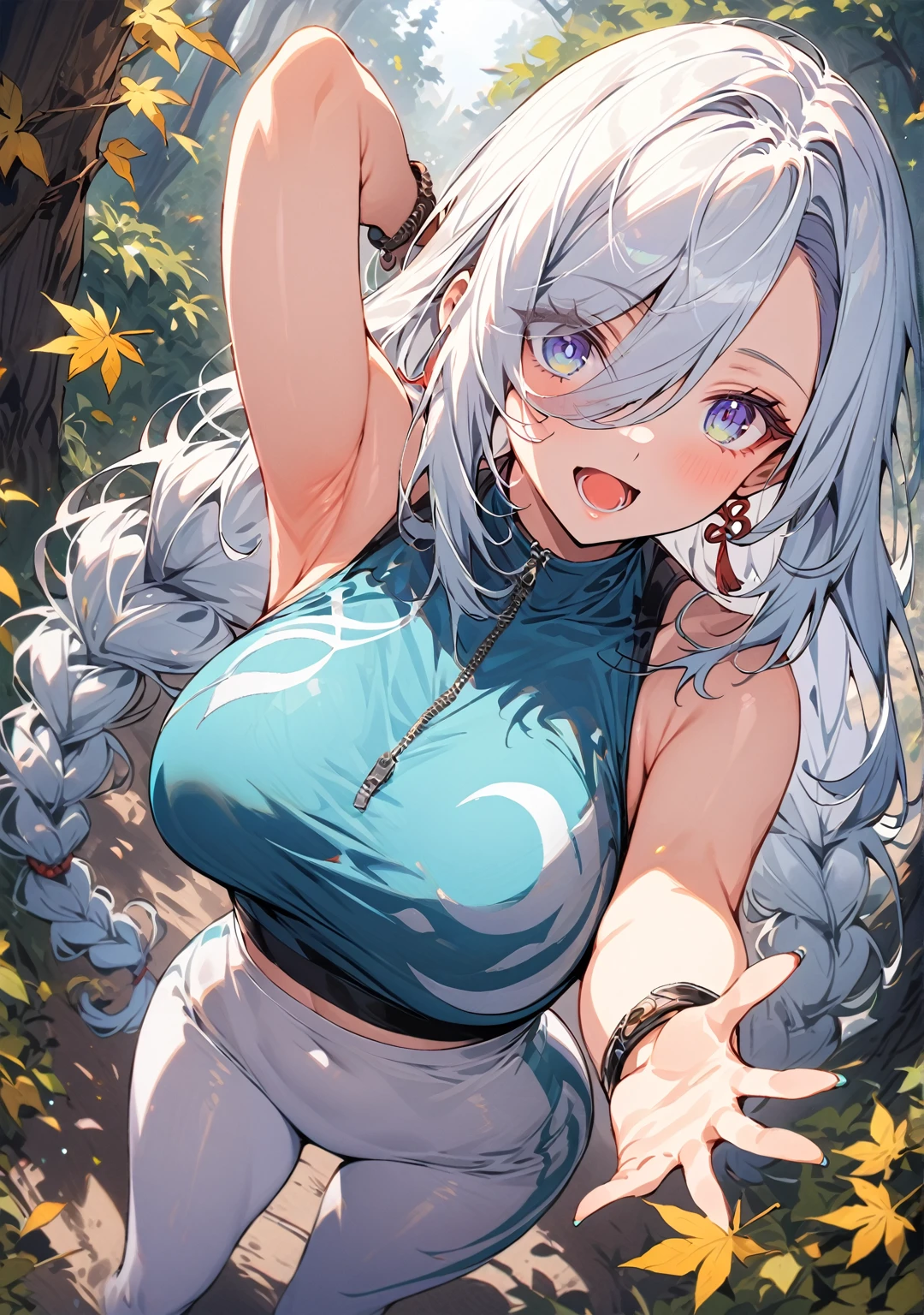 score_9, score_8_above, Maximum resolution 8K, (masterpiece), Very detailed, Professional, large breasts, 1 girl, solo, shenhe, blue eyes, braided ponytail, eyes visible through hair, hair between eyes, white hair, long hair, \(CLOTHES\), alternate costume, High neck sports top, light blue top, sleeveless, bracelet, low rise leggings, white leggings, sports shoes, beautiful legs, armpits, bewitching thighs, gleaming, skin-tight, shiny skin, chest outline, sharp focus, \(BREAK\), surprised, open mouth, standing, shot from above, looking at viewer, \(PLACE\), in a forest with fallen leaves piling up on the ground