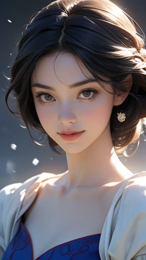 (High resolution,masterpiece:1.2),(Realistic:1.37)"(Highest quality, High resolution, Very detailed, Realistic), (Disney's Snow White:1.3), (archaicsmile:1.1), Detailed facial features, Long and graceful neck, Brunette, (Disney's Snow Whiteの衣装:1.3),  Calm and elegant posture, Soft and delicate lighting, Classical Oil Painting Medium, Vibrant colors, Delicate background with floral motifs", Dreamy atmosphere, Surrealism,Mysterious Aura