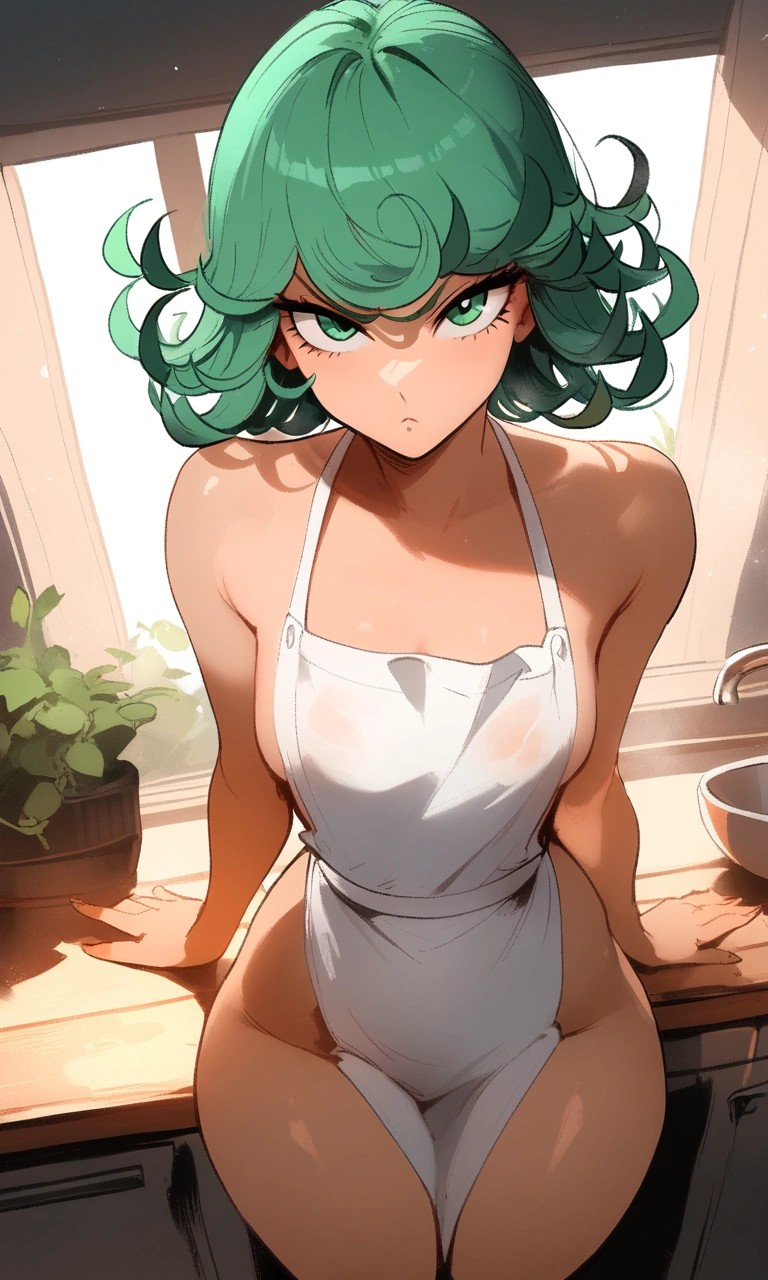 1girl, tatsumaki, one-punch man
\\\\\ masterpiece, best quality, newest ///// nyantcha, khyle, cutesexyrobutts \\\\\ thin waist, solo, sky, clouds, cropped legs, angry, day, looking at viewer, dutch angle, naked apron,, sit on kitchen table